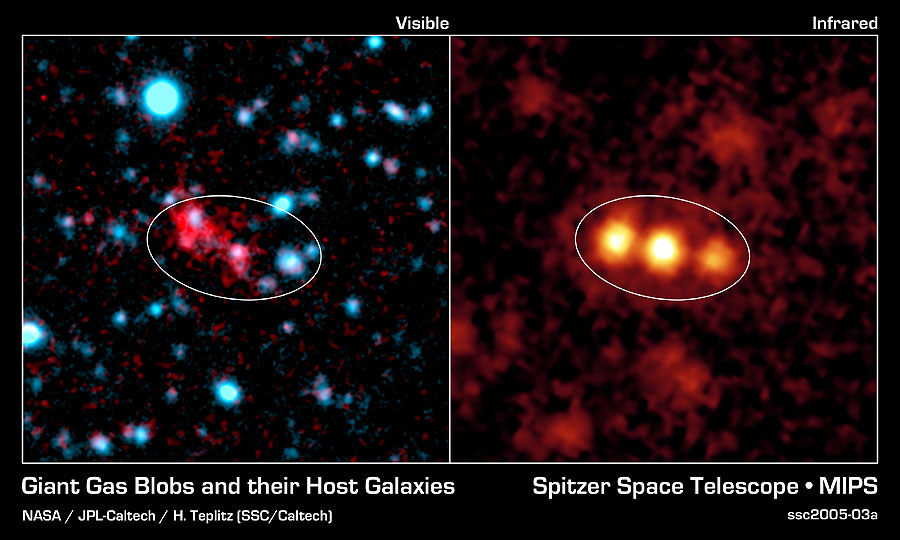 Right picture: infrared image, a blob (red colour) and 3 objects within the blob (yellow colour) at 11 billion big bang light-years. Left picture: visible light image of same area.